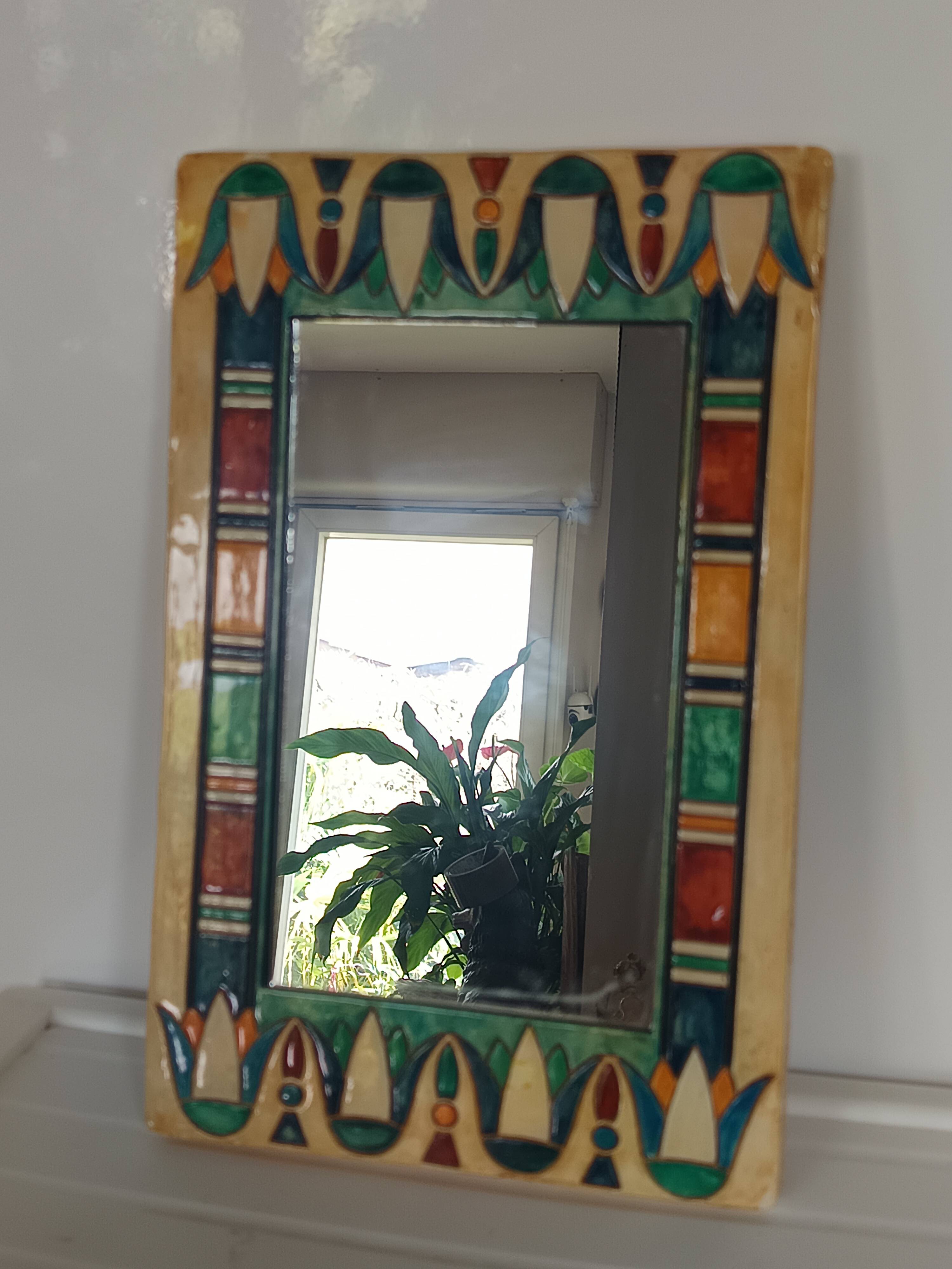 Miroir céramique vintage années 60 – signé JP – décor géométrique polychrom