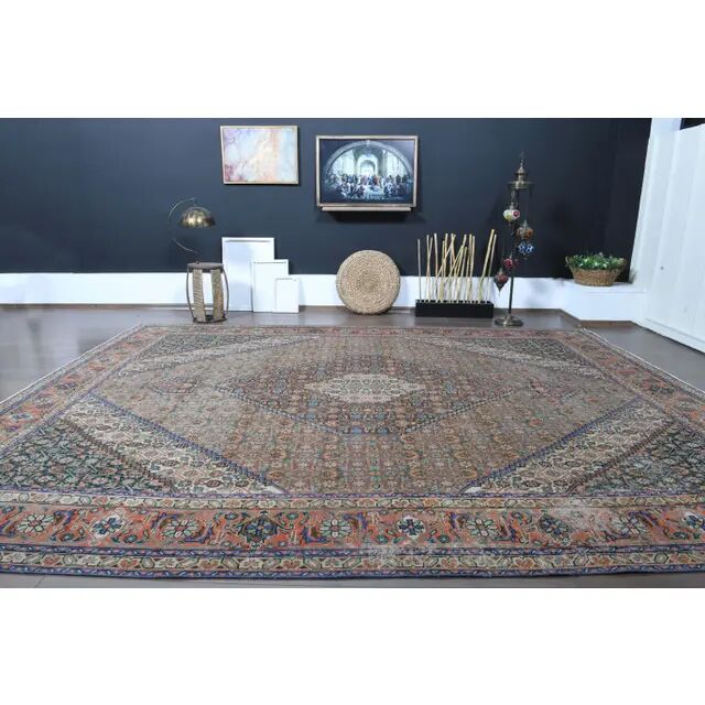 1970s Vintage Persian Handmade Wool Cotton Brown Area Rug 296x380
