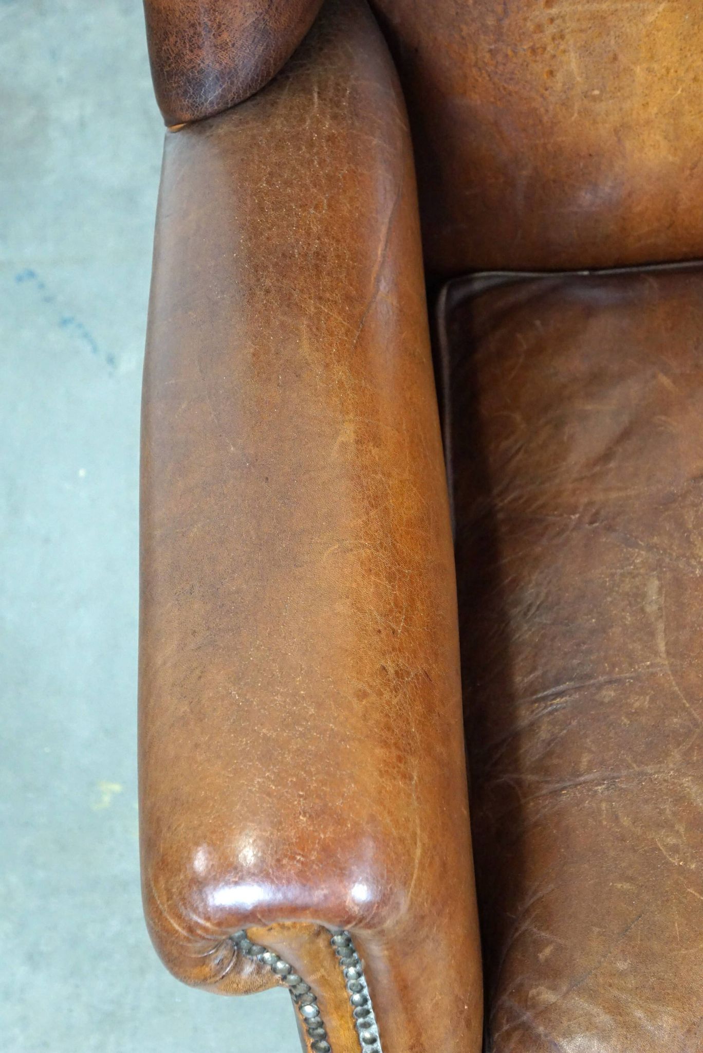 Fauteuil à oreilles particulièrement confortable en cuir de mouton, couleurs époustouflantes