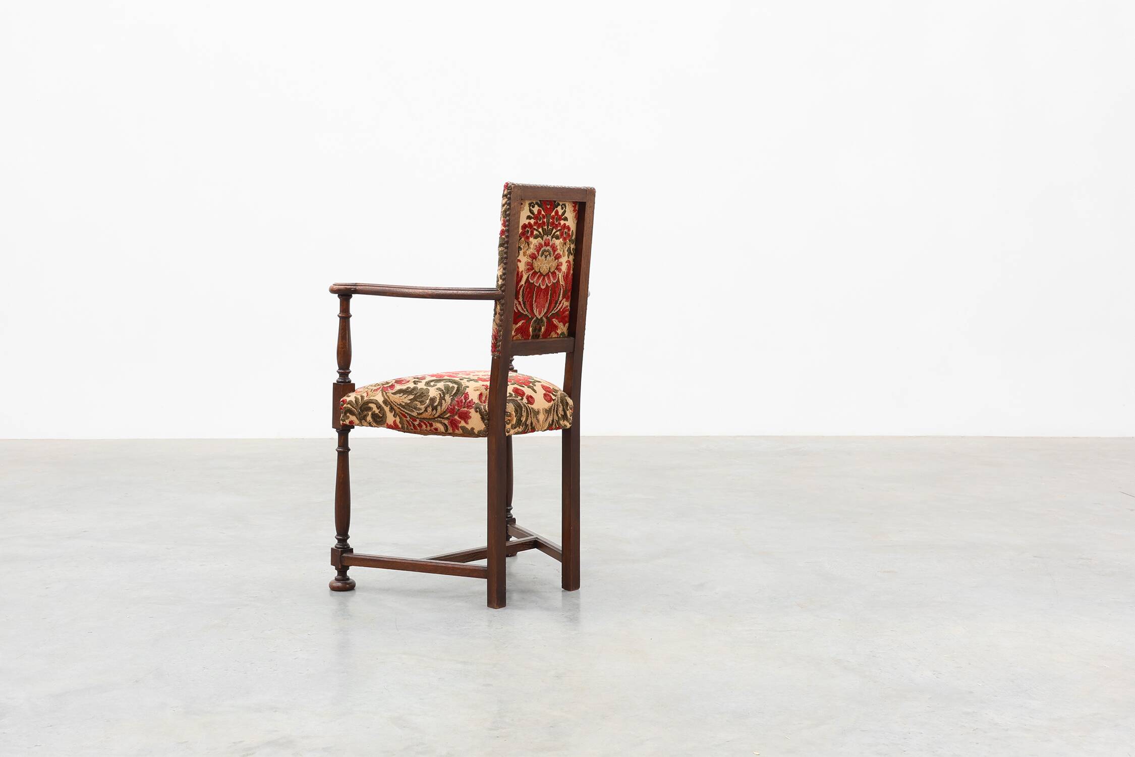 Antique oak Louis XIII style chair with floral upholstery, France ca. 1890