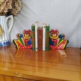 Vintage wooden bookends for kids, bear & books polychrome