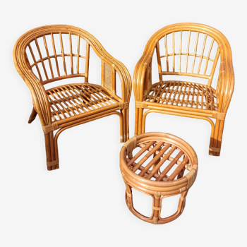 Paire de fauteuils bambou, rotin et cannage, vintage
