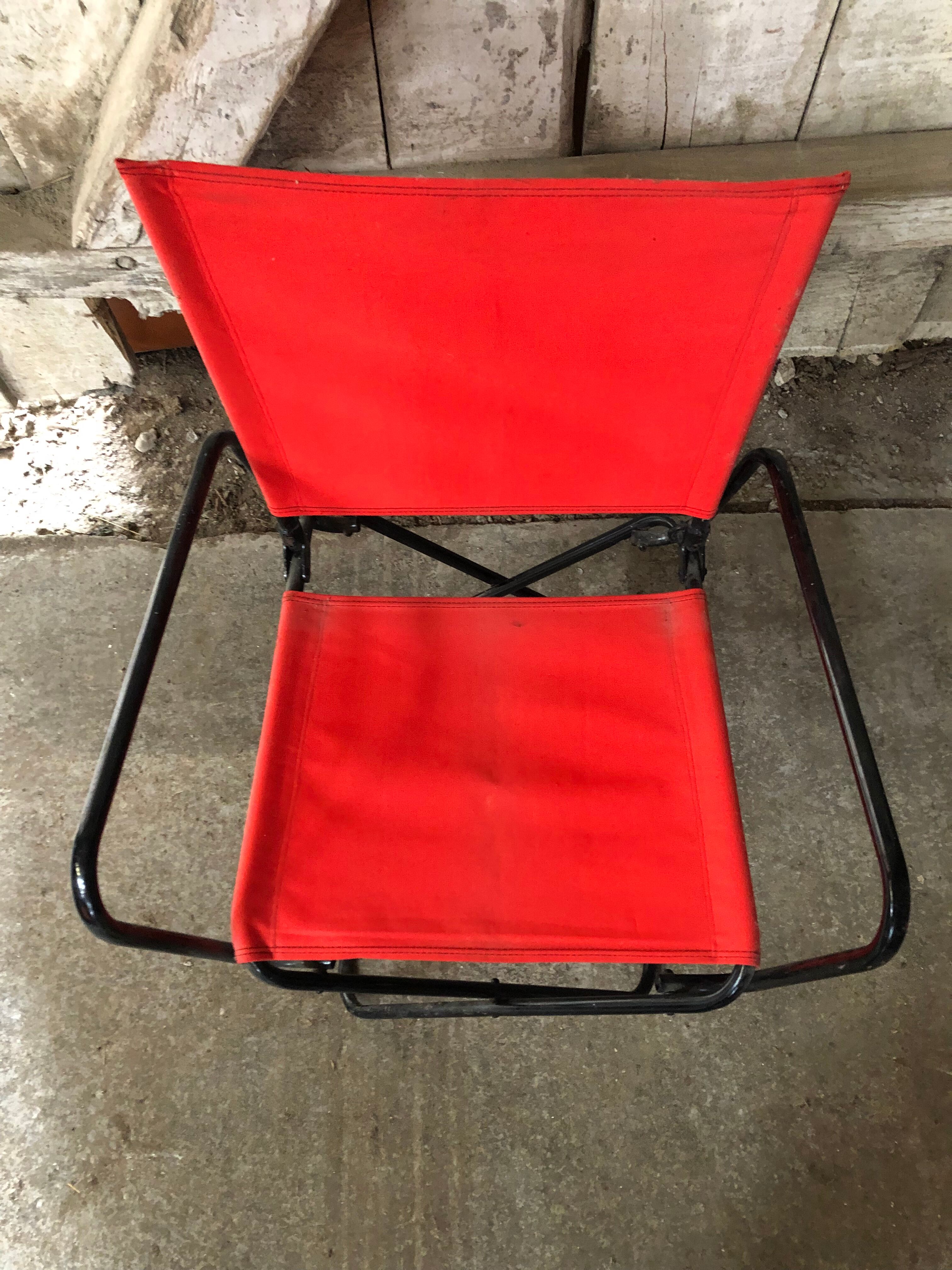 Old Folding Armchair Tube Metal Black + Red Fabric 70s Vintage