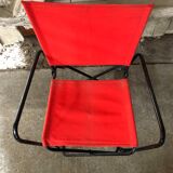 Old Folding Armchair Tube Metal Black + Red Fabric 70s Vintage