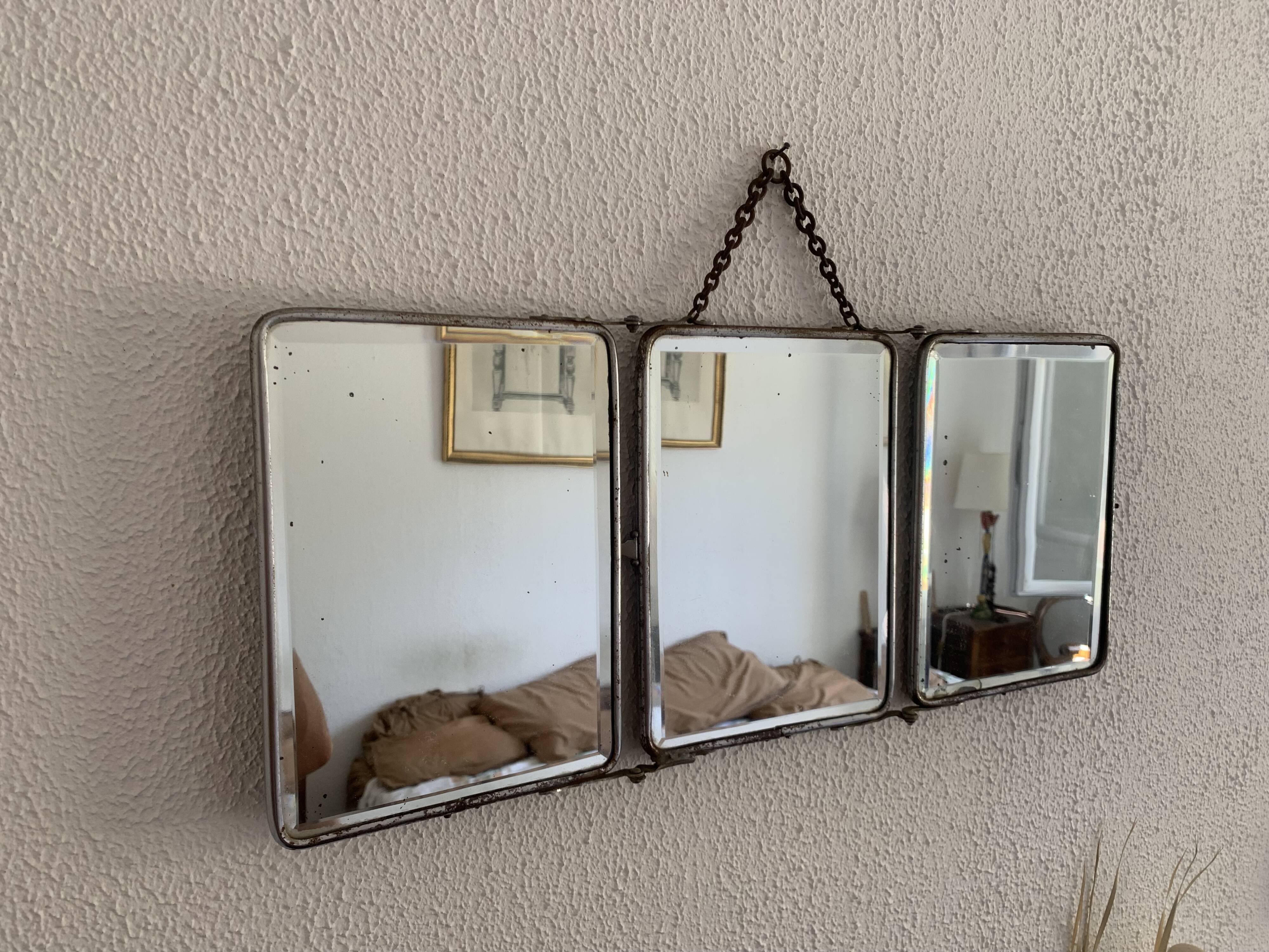 Vintage 1930s barber triptych mirror with camouflage beveled glass - 25 x 59 cm