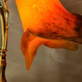 Bronze lamp on blond oak base, art nouveau with tulip, 45x30