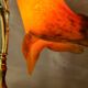 Bronze lamp on blond oak base, art nouveau with tulip, 45x30