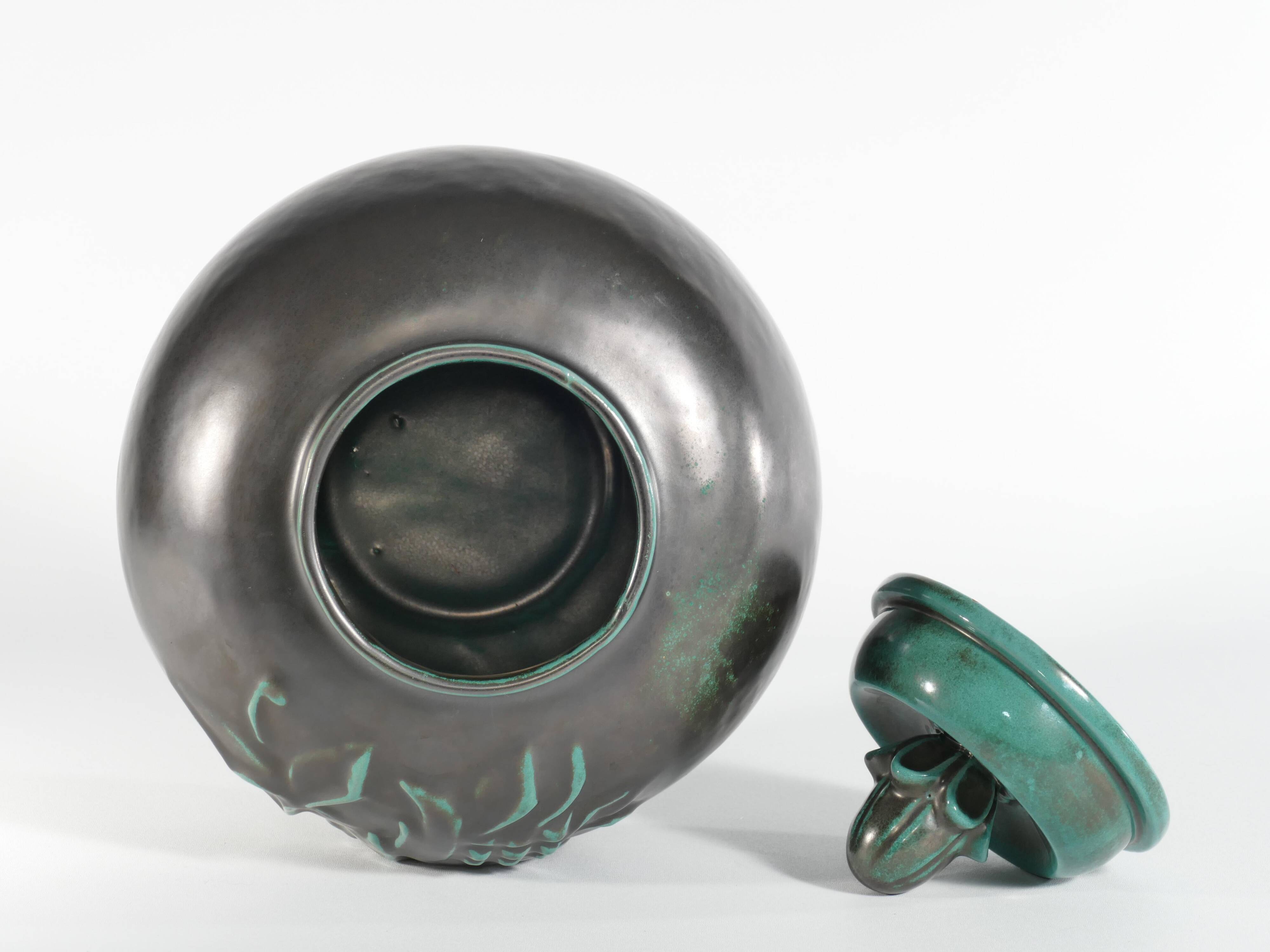 Large Art Deco Green Lidded Jar by Anna-Lisa Thomson for Upsala-Ekeby, 1930's