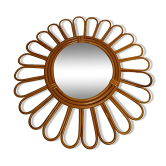 Miroir sorcière / soleil en rotin vintage