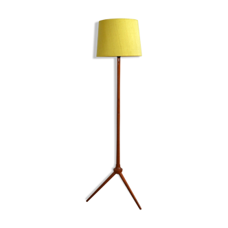 Mid century Danish style floor lamp 1960s, wooden base, yellow lampshade