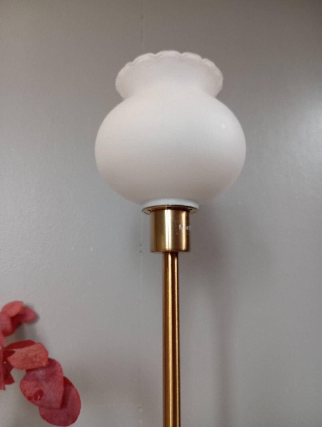 Living room lamp with gold metal base, matt white opaline globe, vintage