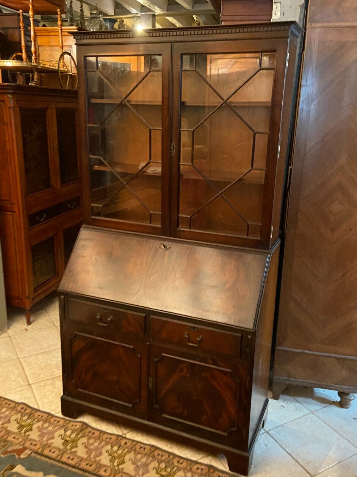 English Scriban two body secretary office showcase library in mahogany