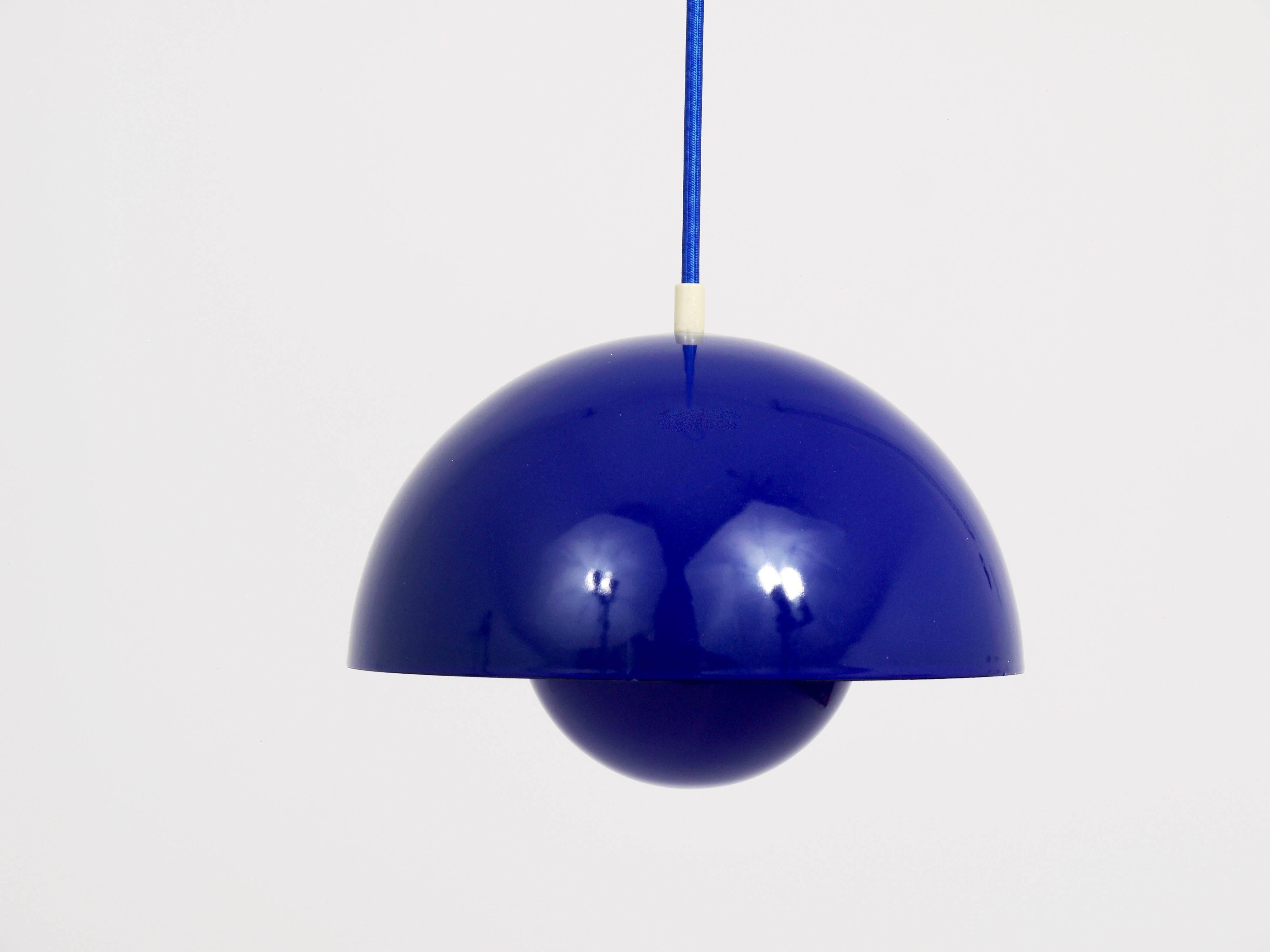 Blue enamelled suspension flowerpot by Verner Panton for Louis Poulsen, Denmark, 1969.