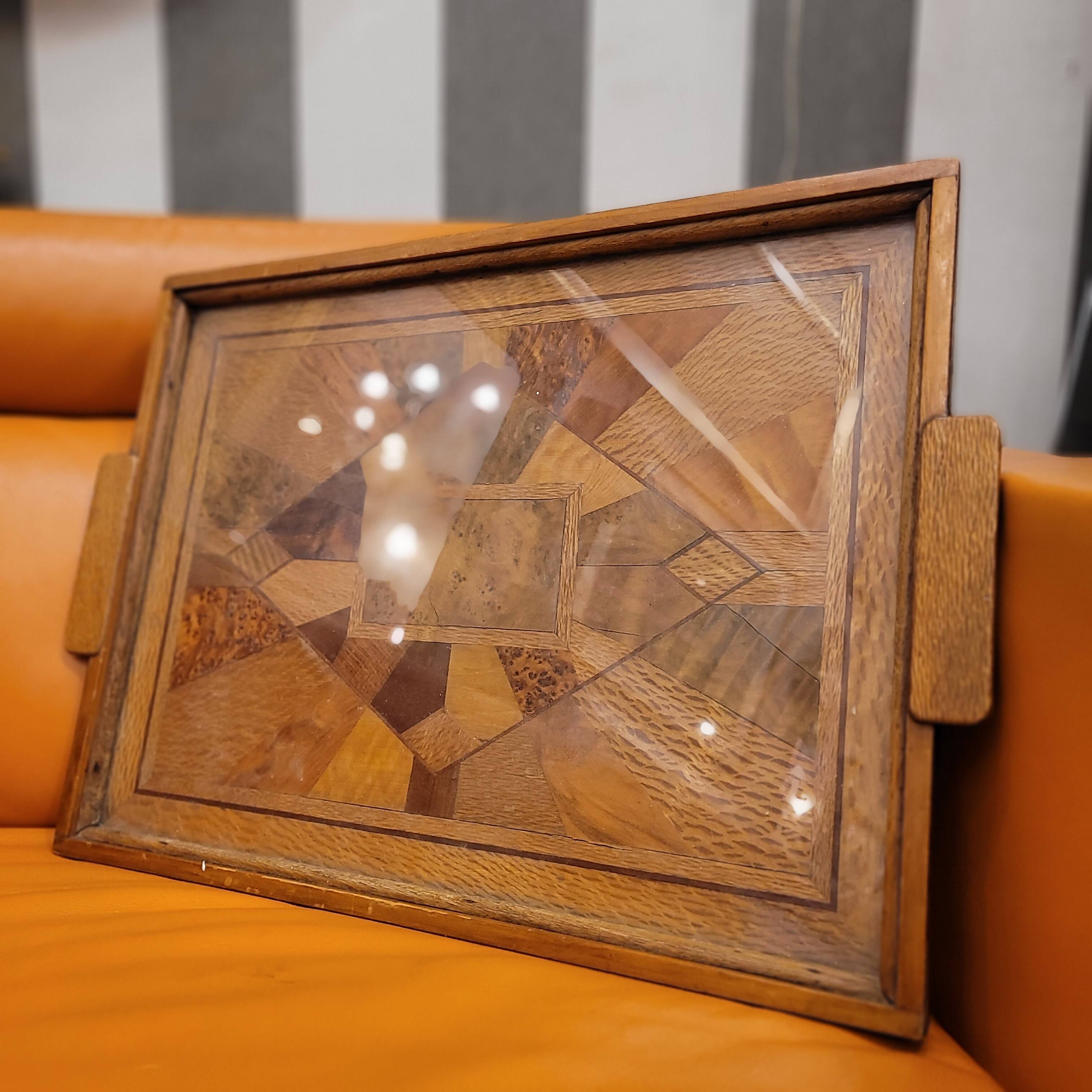 Bandeja Art Deco, Marquetería and crystal, 1950 – France