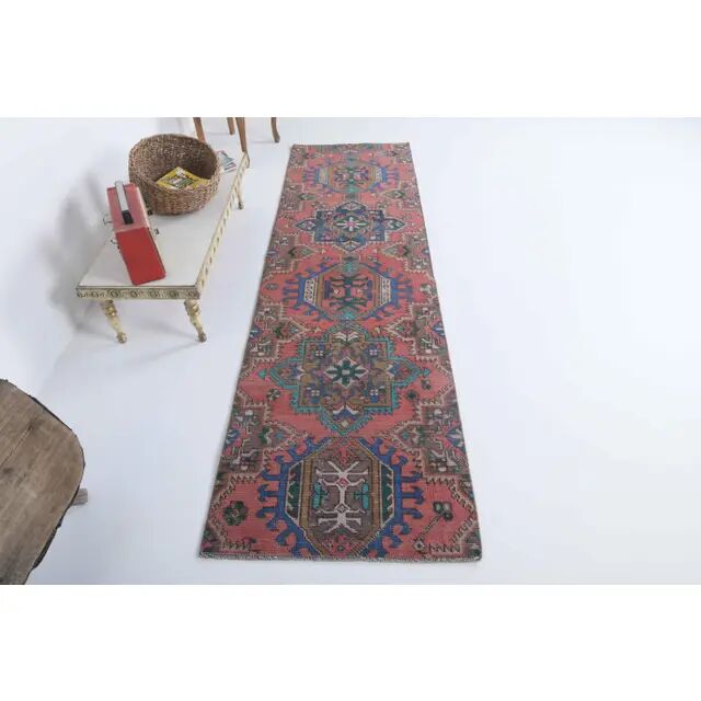 Vintage Turkish Oushak Handmade Cotton Pink Wool Runner 74x260
