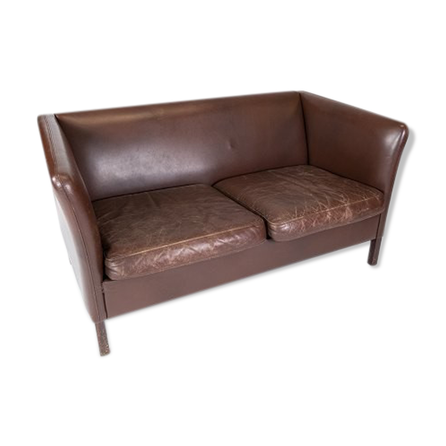 Two seater sofa upholstered with dark brown leather of danish design , by Stouby Furniture
