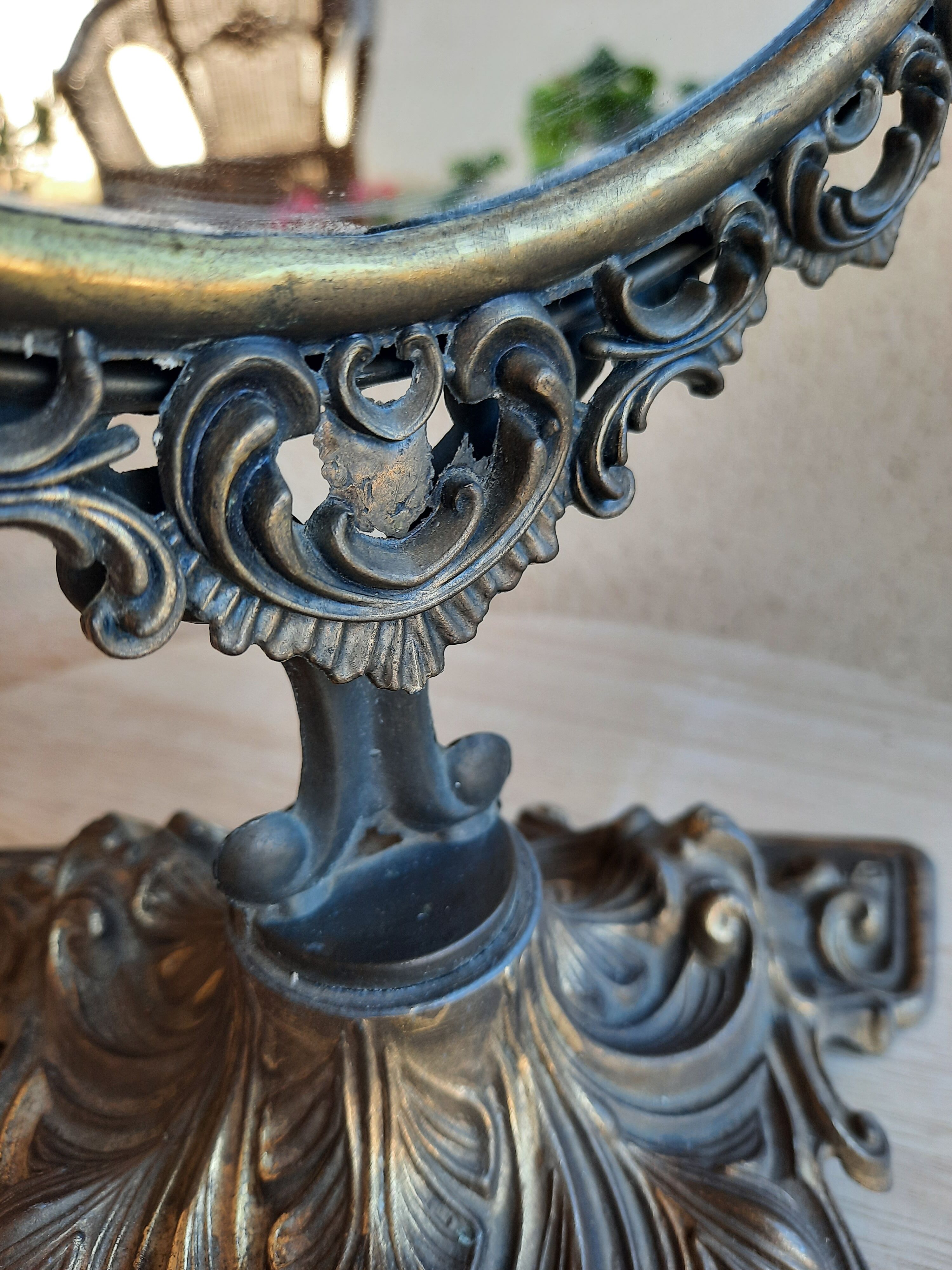 Mirror on foot, swivel, brass, mid-late nineteenth, rock style.