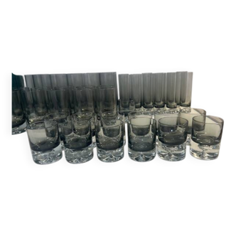 Set of black smoked glasses with large bubbles from the 1970s.