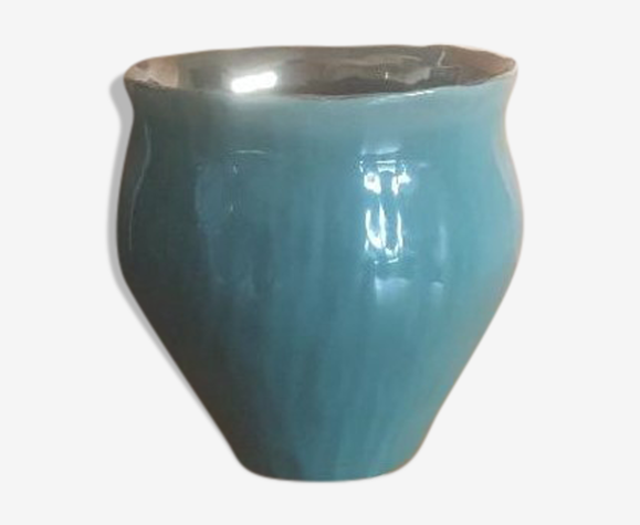 Cache-pot vintage vert et bronze en céramique