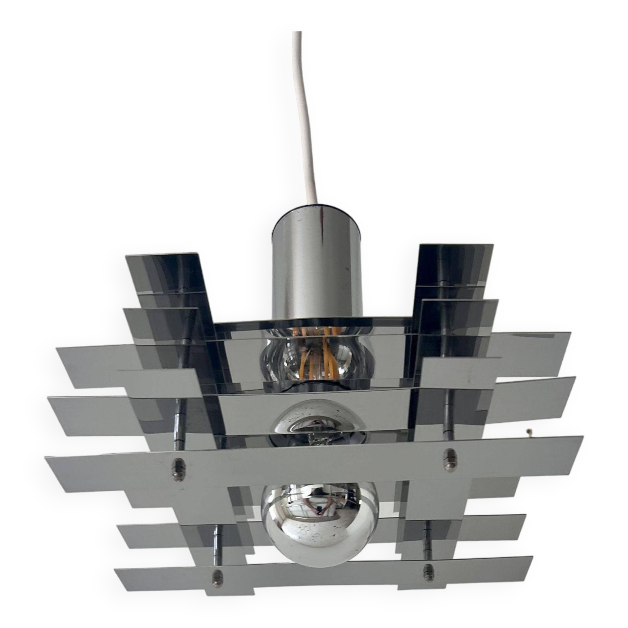 Vintage geometric pendant light, chrome metal, France 1960s