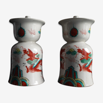 Ancient pair of China porcelain candlesticks with dragons circa 1900