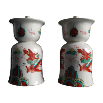 Ancient pair of China porcelain candlesticks with dragons circa 1900