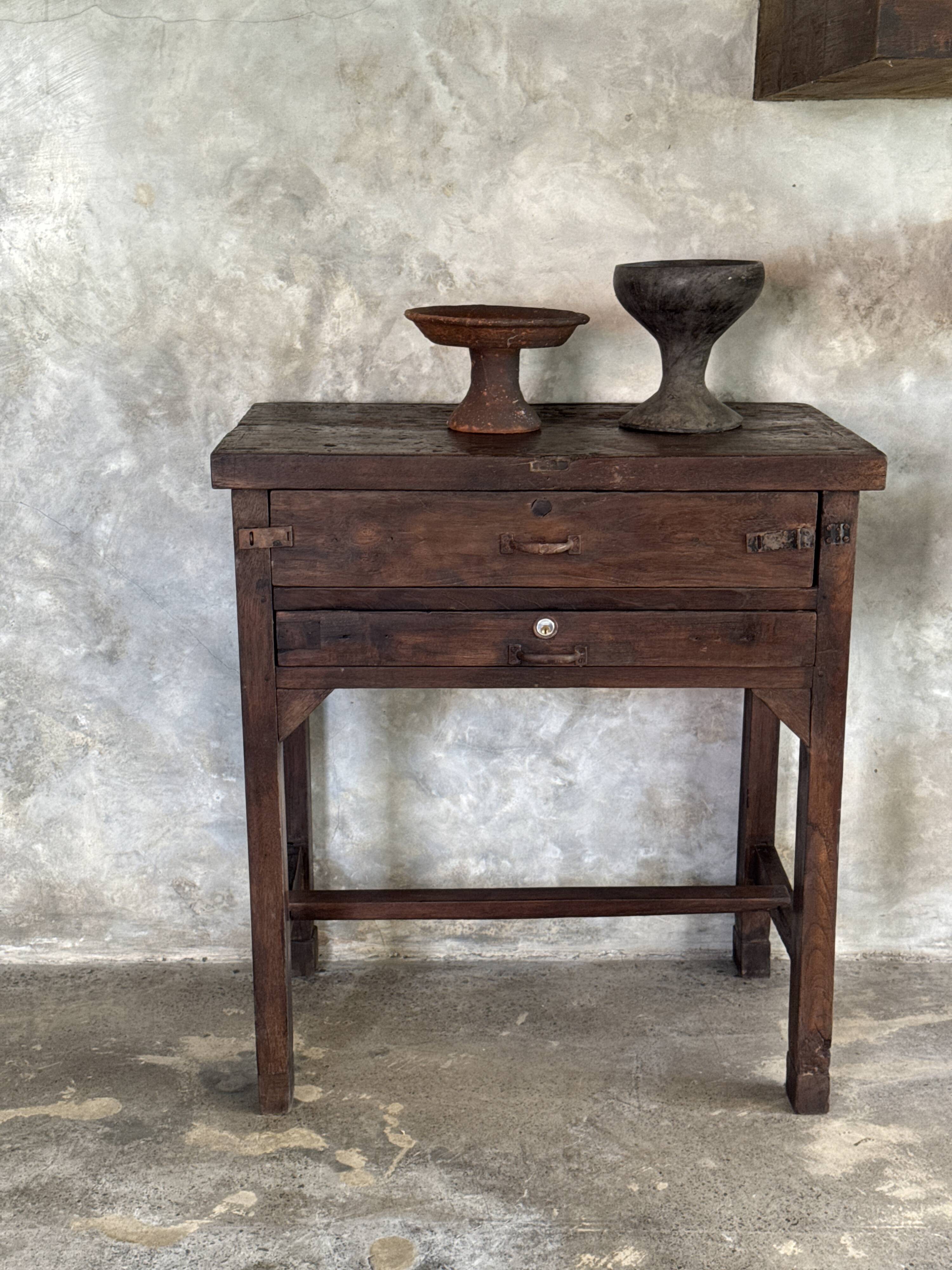 Antique Indonesian teak workbench with two drawers and stretcher H89.