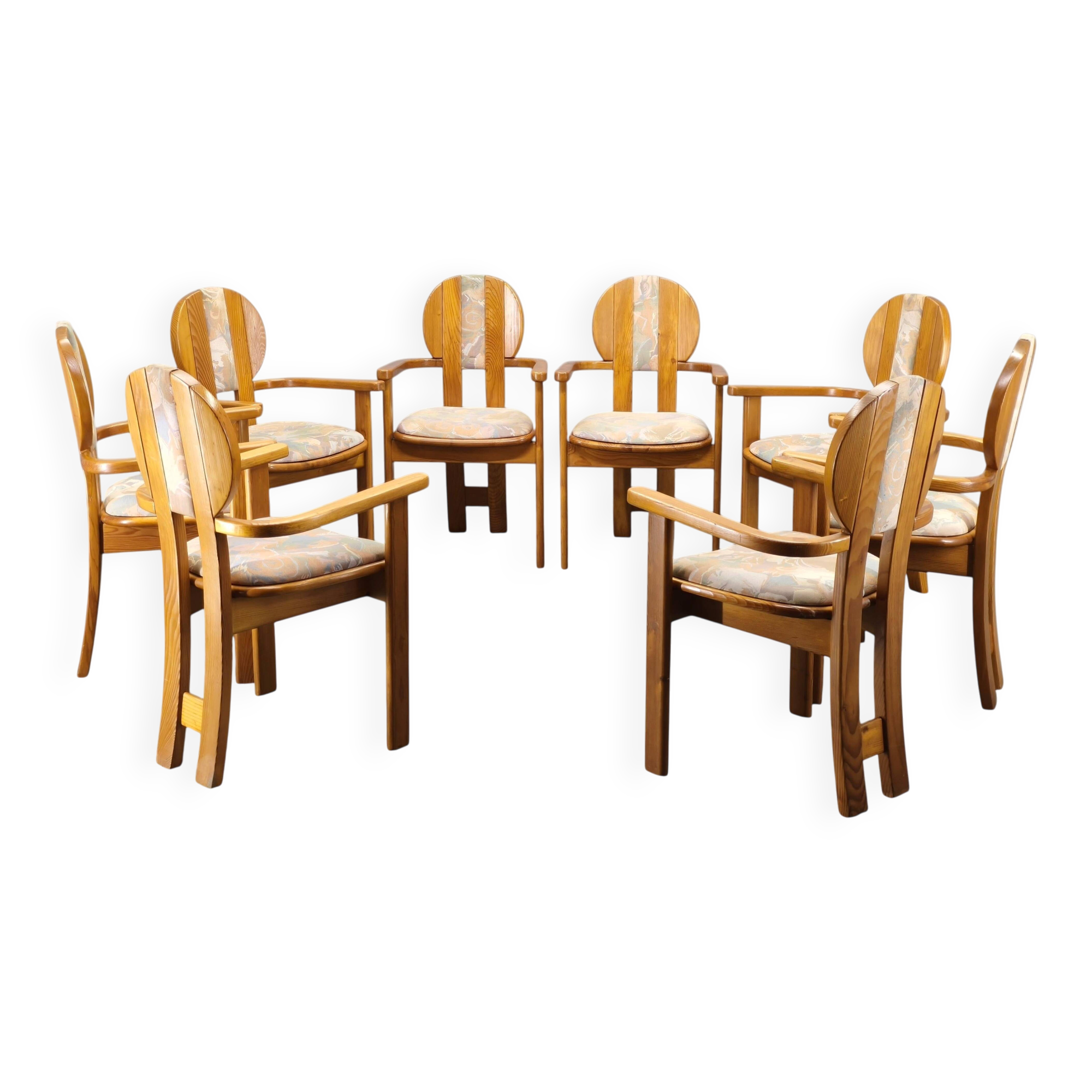 Set of 8 Czech Postmodern Pine Dining Armchairs, 1970s
