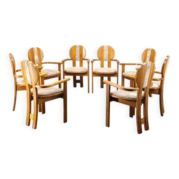 Ensemble de 8 chaises de salle à manger en pin postmodernes tchèques, années 1970.