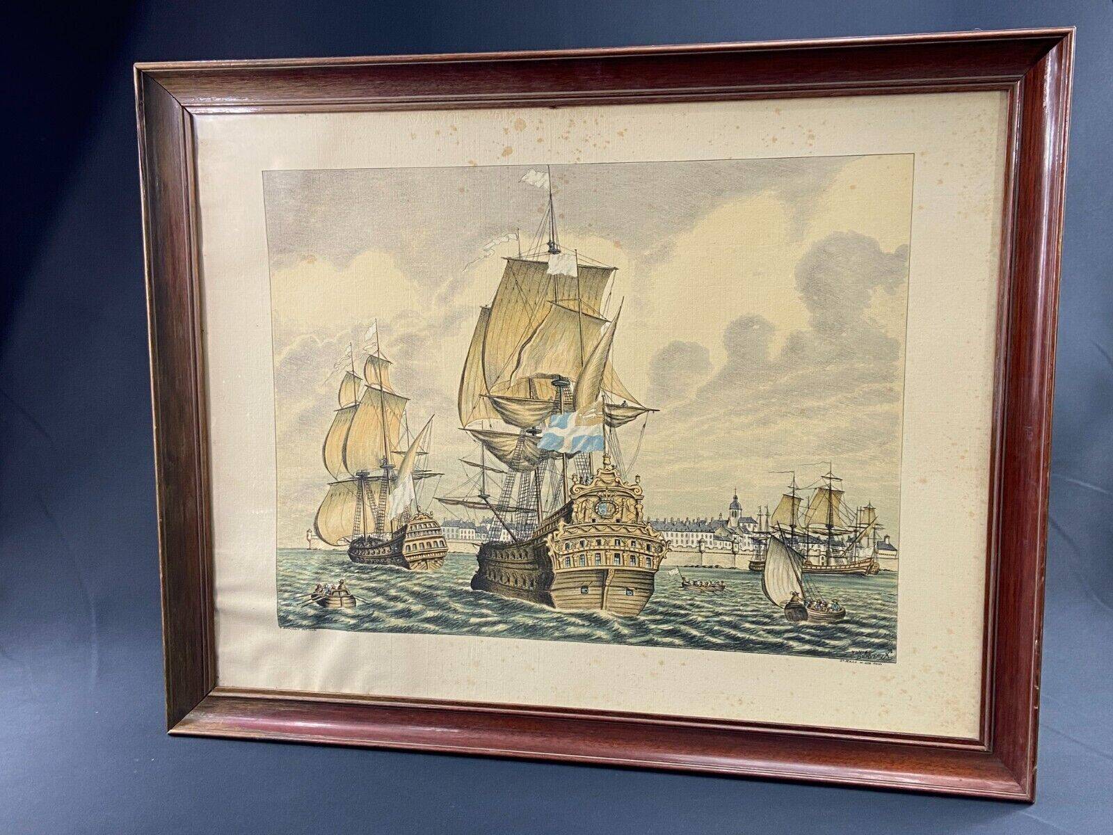 Lithograph view of Saint Malo 17th century with sailboats signed Daniel Derveaux