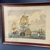 Lithograph view of Saint Malo 17th century with sailboats signed Daniel Derveaux