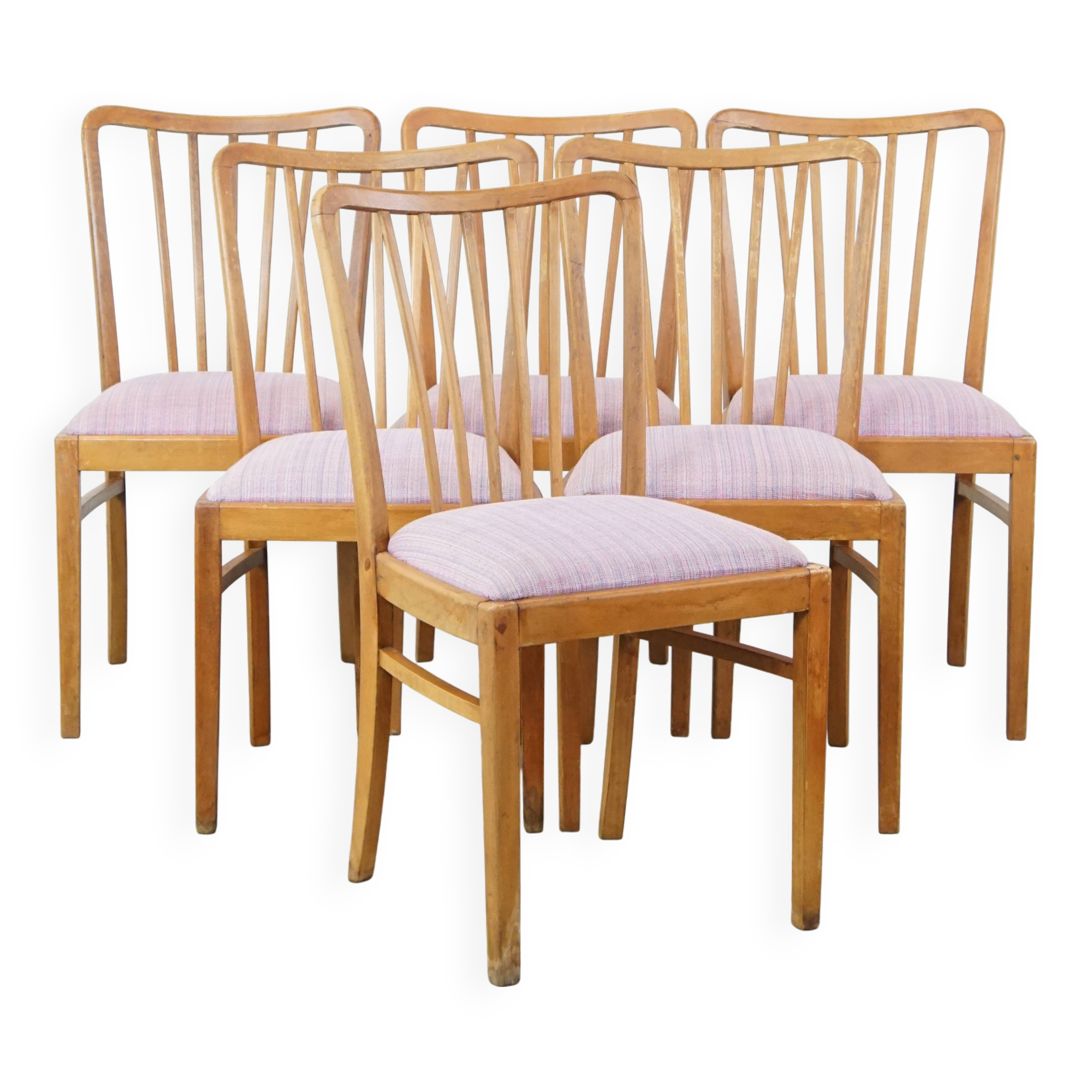 Set of 6 vintage Danish design dining chairs from the 1970s with light purple fabric seats