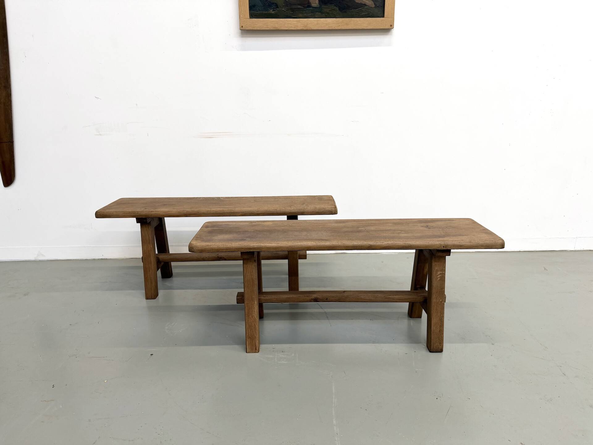 Pair of small solid oak benches - 1950s