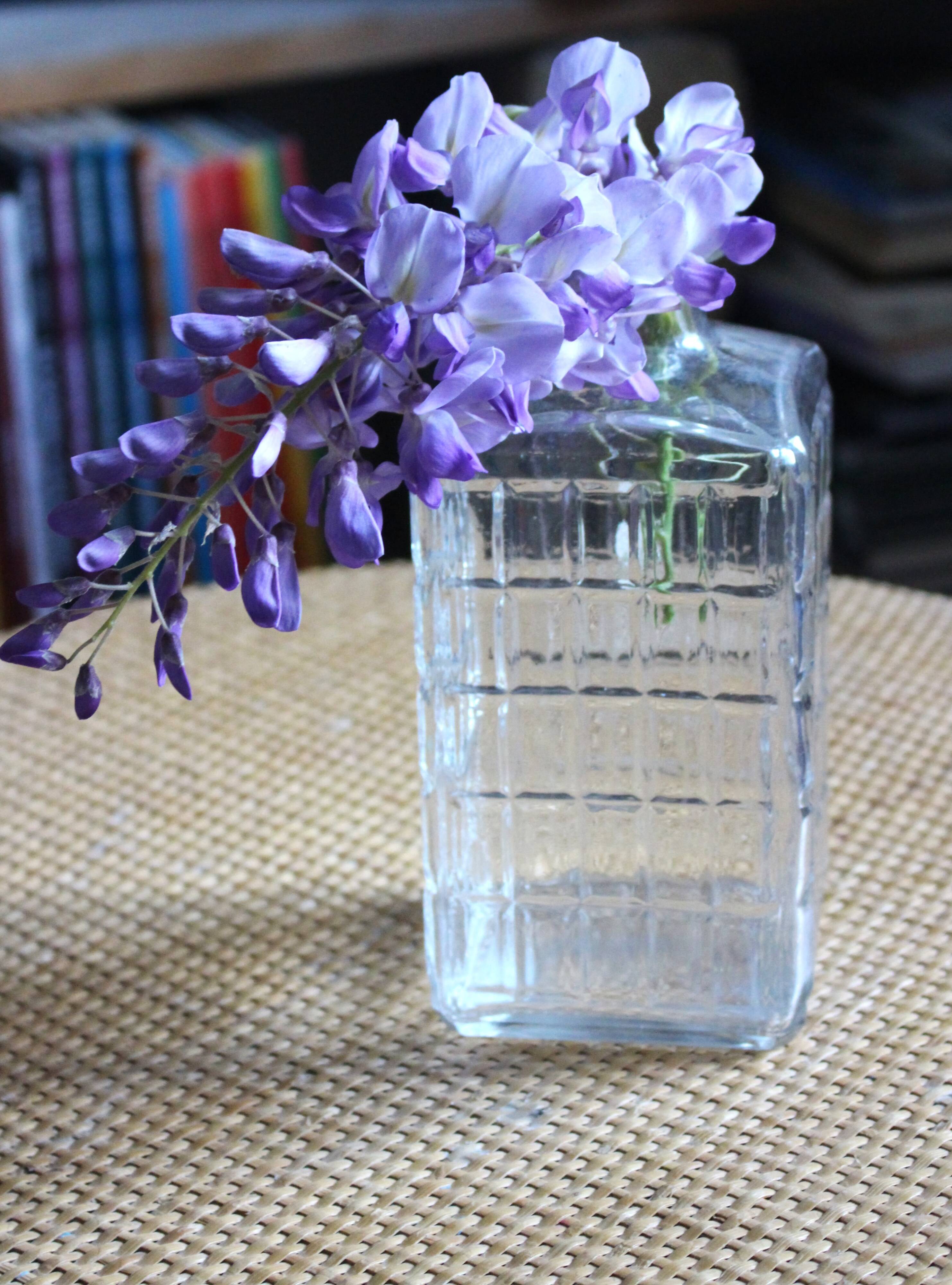 Vintage glass water carafe with rectangular vase.