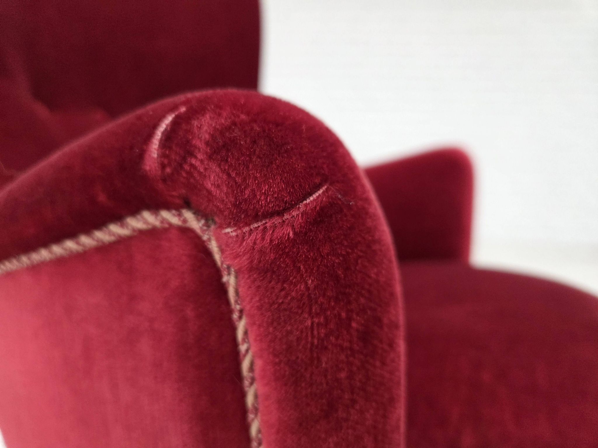 1970s, Danish armchair, cherry-red furniture velour, ash wood legs.