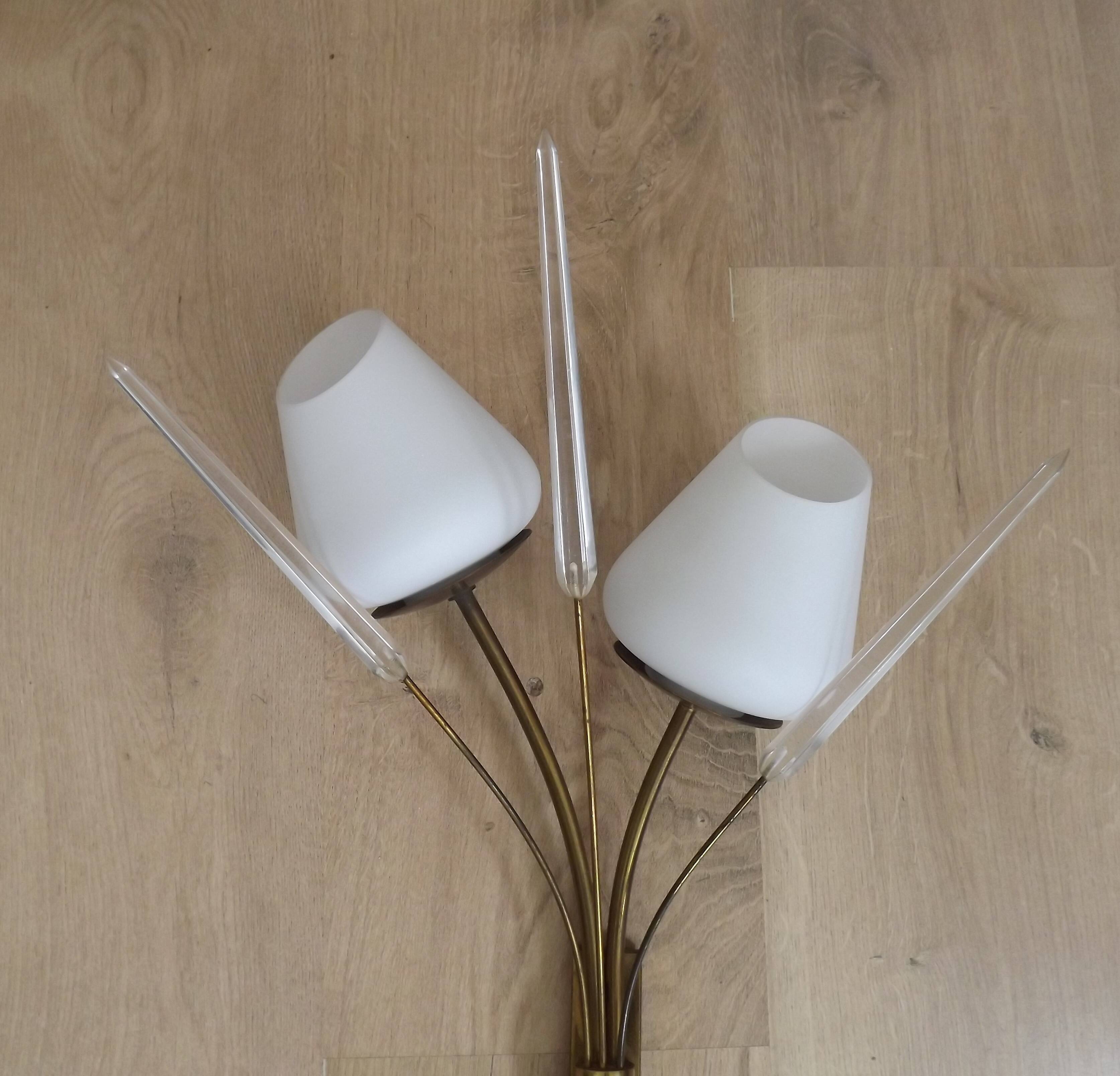 Mid-Century French Brass Sconces • Bullrush Design • Opaque Glass Shades
