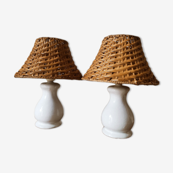 Duo of ceramic and rattan bedside lamps