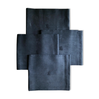 Lot four damasked and monogrammed towels linen and night blue silk