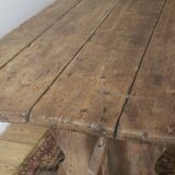 Large antique pine trestle dining table with drawer, Sweden 1780