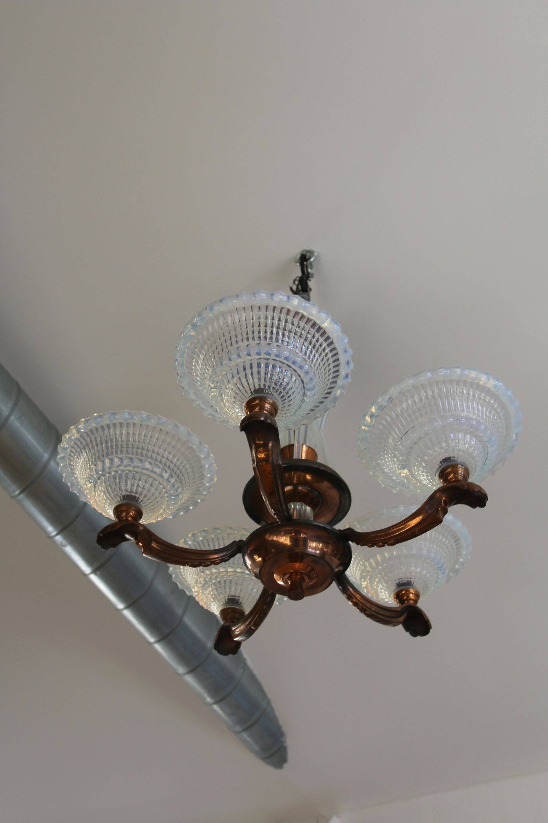 Art Deco lustre, opalescent glass, Ezan & Petitot, signed.