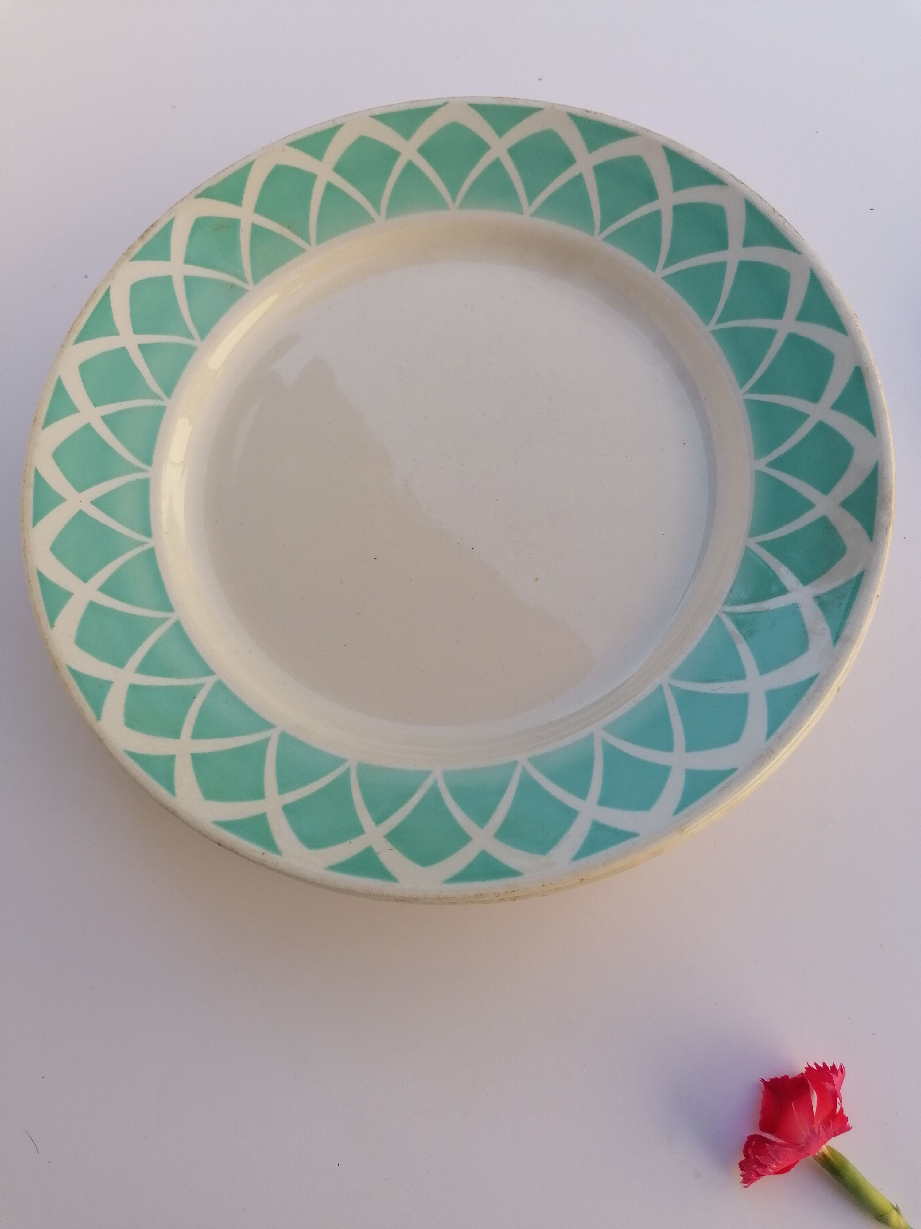 6 flat plates, Badonvillers earthenware, lagoon green, 60s