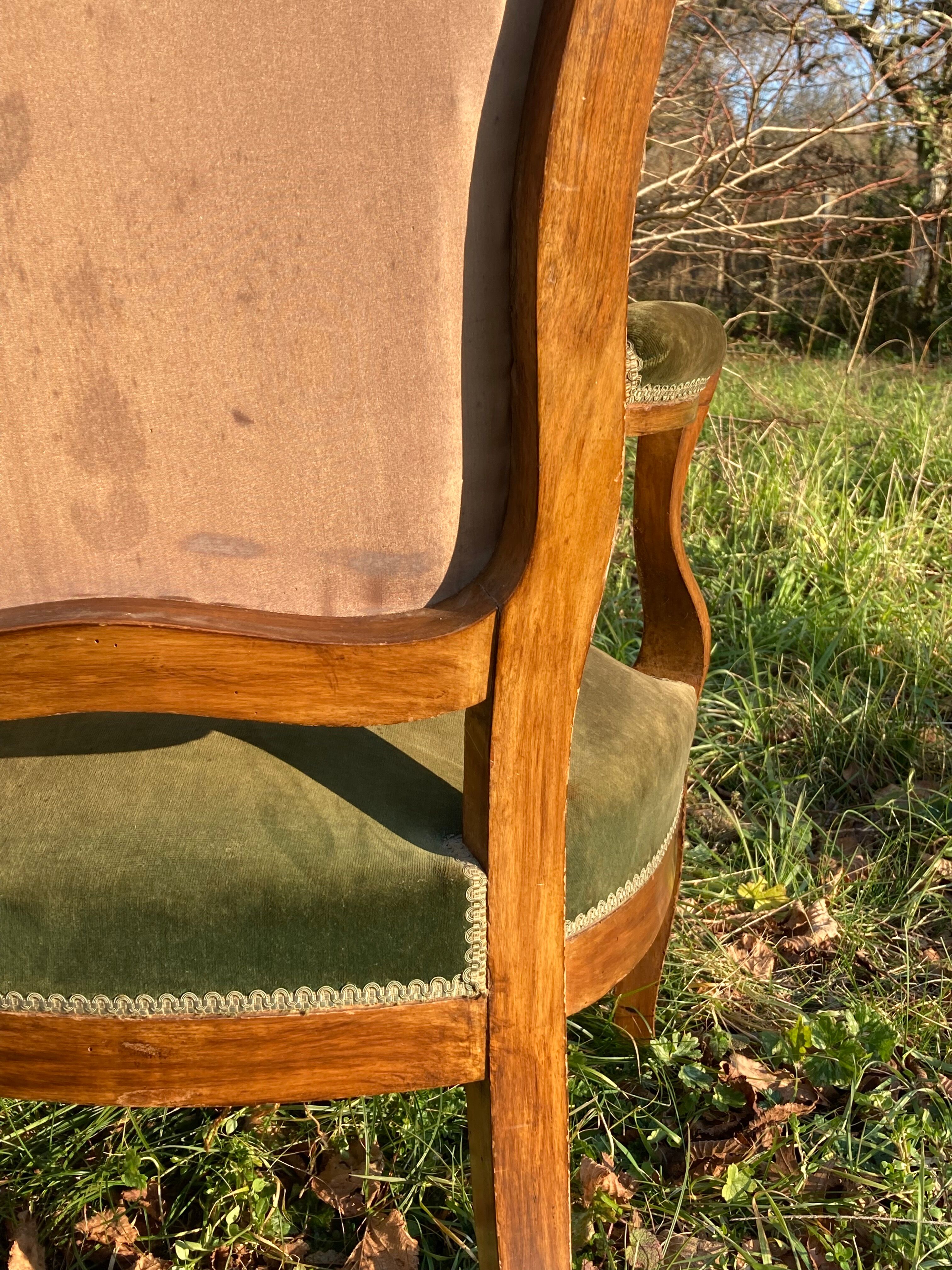 Armchair Voltaire Louis Philippe in wood green velvet XIX