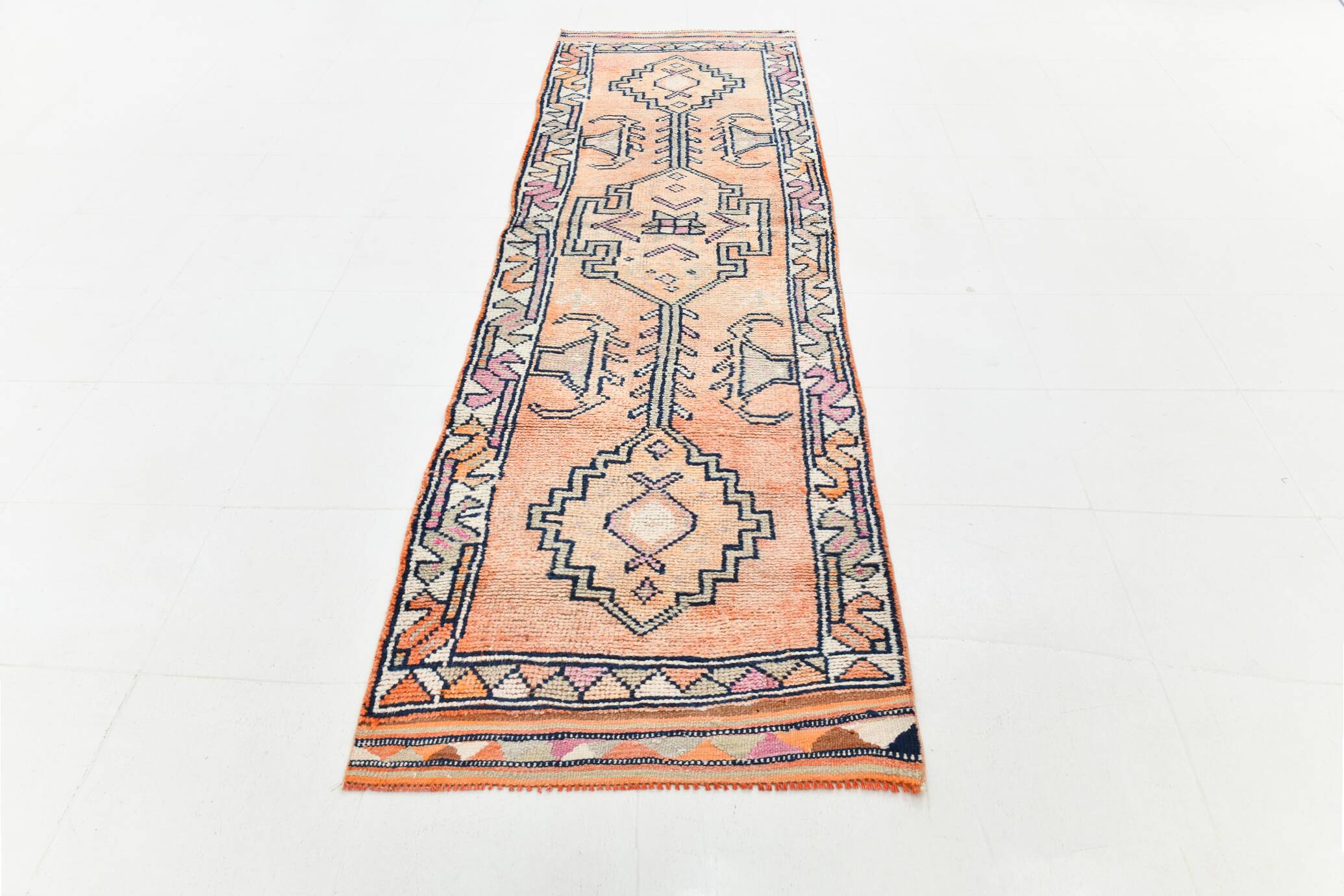 3x11 Pastel Salmon & Pink Runner, Natural Wool Runner Rug, 87x342 Cm