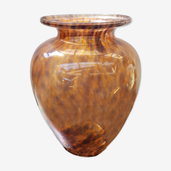 Ancien vase verre multicouche tacheté orange marron vintage