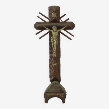 Large Antique Tramp Art Cross Crucifix Corpus Folk Art Early 20th Century