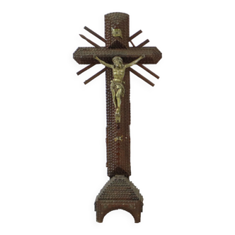 Large Antique Tramp Art Cross Crucifix Corpus Folk Art Early 20th Century