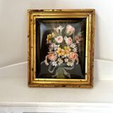 Old frame curved glass square dried flowers and fabric