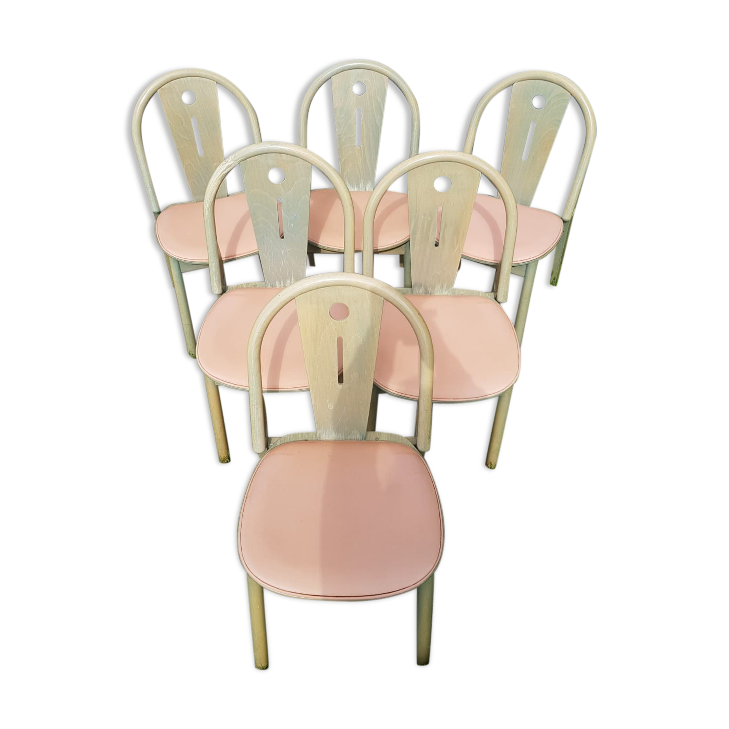 Série de 6 chaises Baumann bois vert avec assise galette clair années 80 vintage