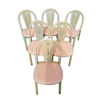 Series of 6 Baumann chairs in green wood with light galette seat, vintage 80s