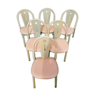 Série de 6 chaises Baumann bois vert avec assise galette clair années 80 vintage